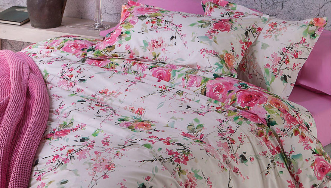 Completo Lenzuola Copriletto Matrimoniale MIRABELLO Emporium - Rami di Rose Rosa
