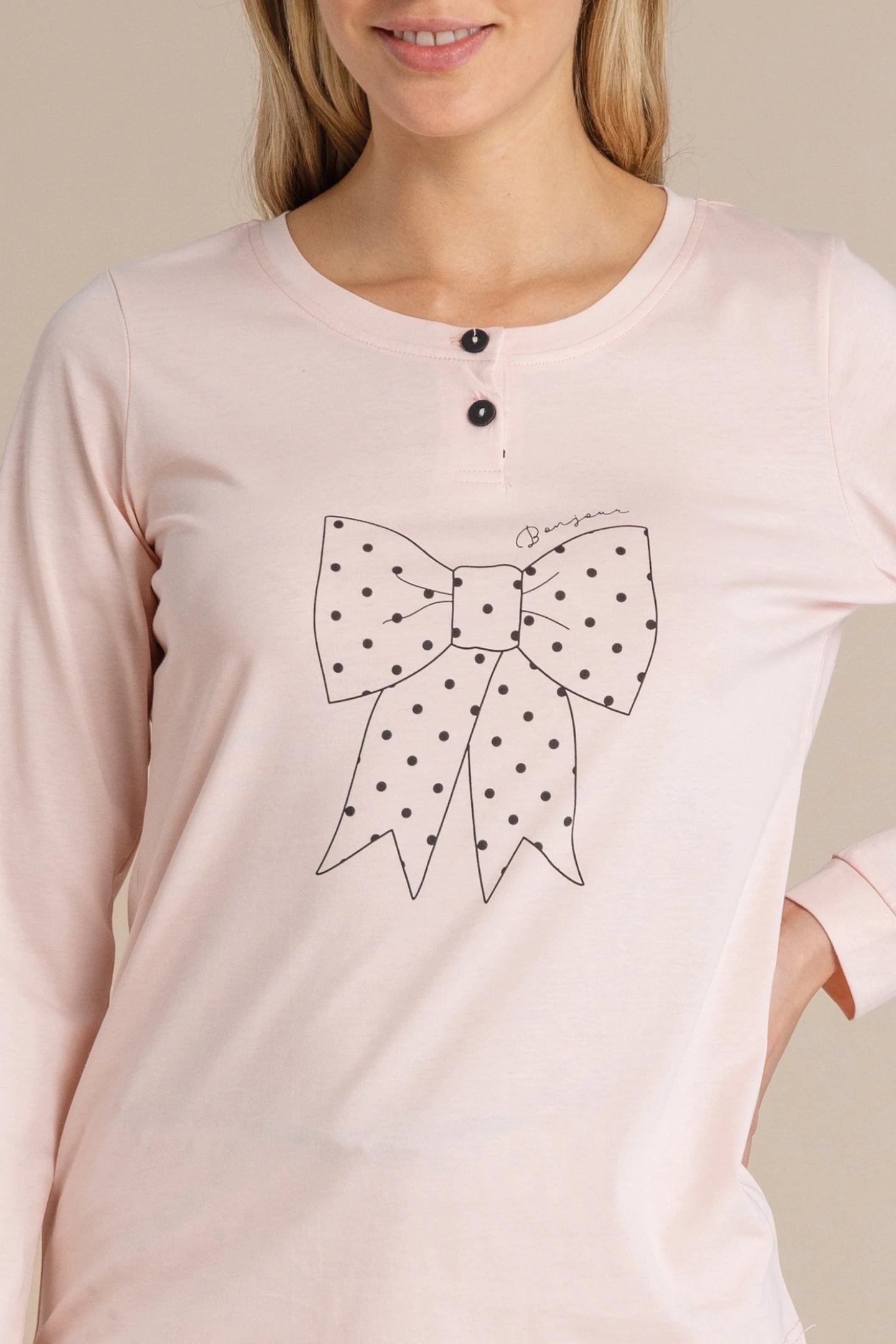 Nuova Moda Pigiama Donna In Cotone Con Pois - Manica Lunga E Pantaloni Con Tasche