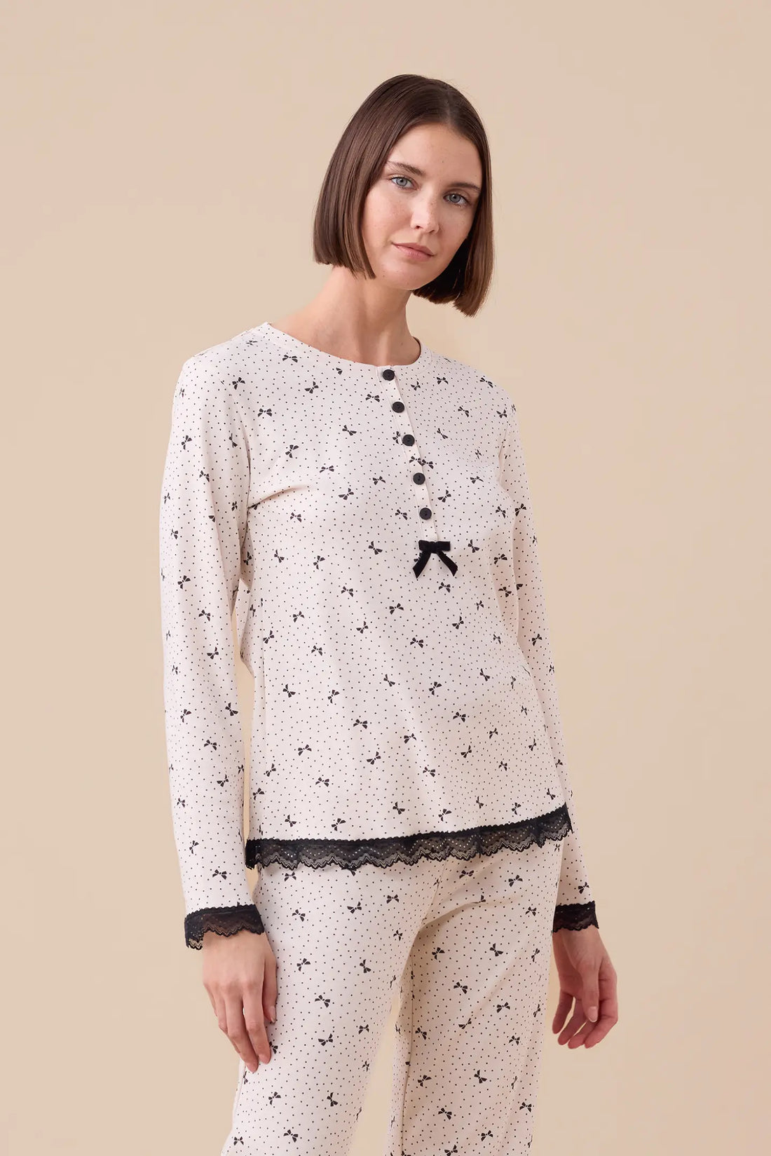 Pigiama donna caldo cotone con pizzo NOI DI NOTTE - Romantic