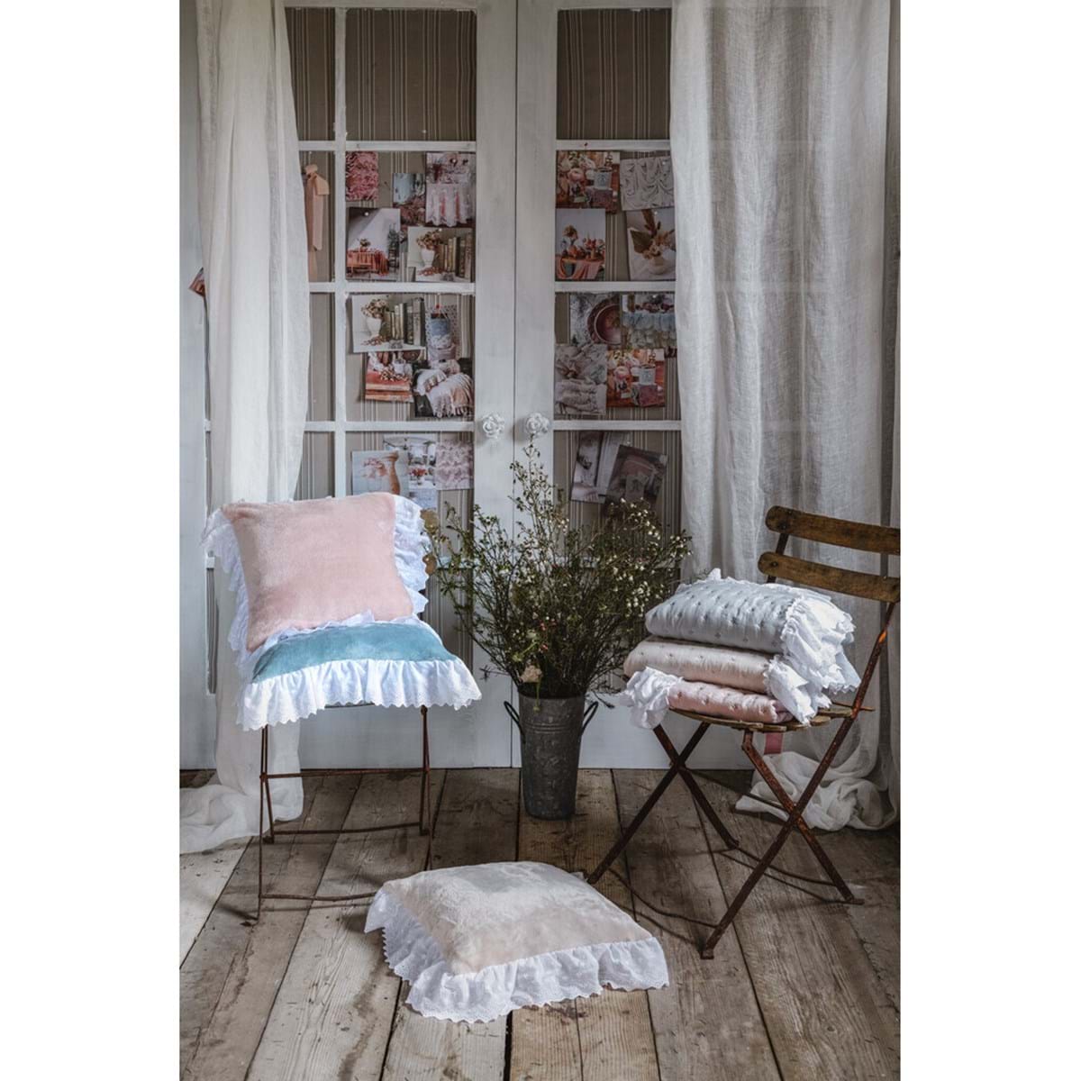 Velvet Furnishing Cushion with Sangallo Gala BLANC MARICLO' - Romantic Frill