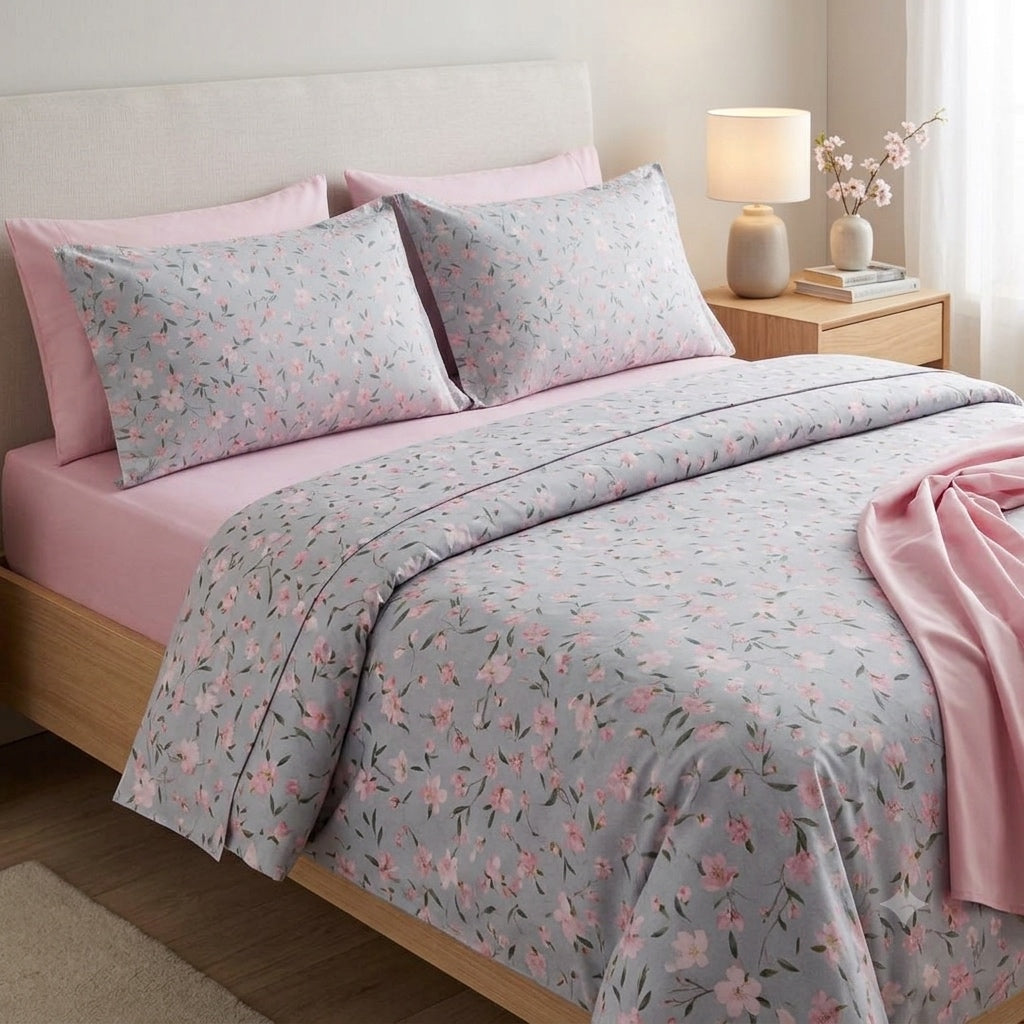 Completo Lenzuola Copriletto MIRABELLO Emporium - Cherry Tree Rosa fondo Grigio
