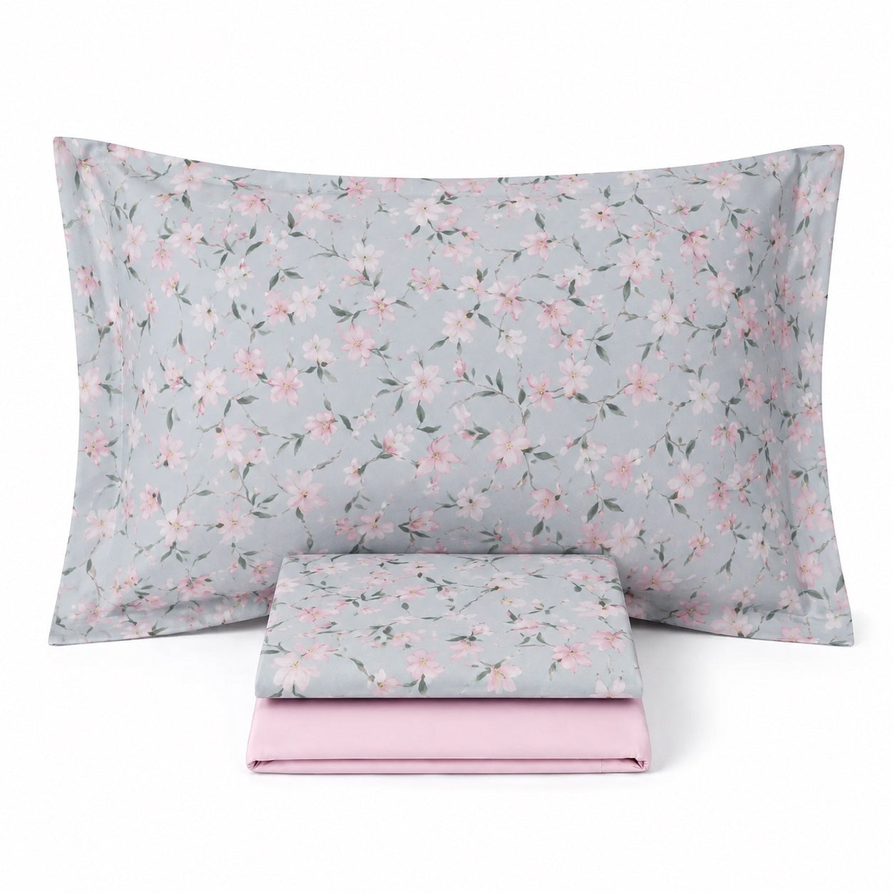 Completo Lenzuola Copriletto MIRABELLO Emporium - Cherry Tree Rosa fondo Grigio
