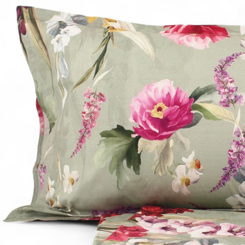 Completo Lenzuola Copriletto Matrimoniale MIRABELLO Emporium - Charming Flowers fondo Verde