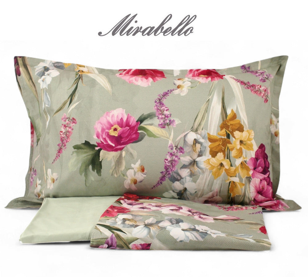 Completo Lenzuola Copriletto Matrimoniale MIRABELLO Emporium - Charming Flowers fondo Verde