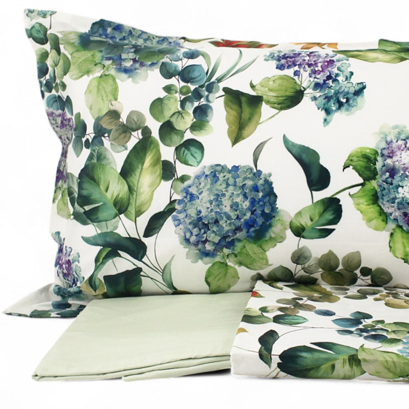 Completo Lenzuola Copriletto Matrimoniale MIRABELLO Emporium - Hydrangea Jungle fondo Bianco