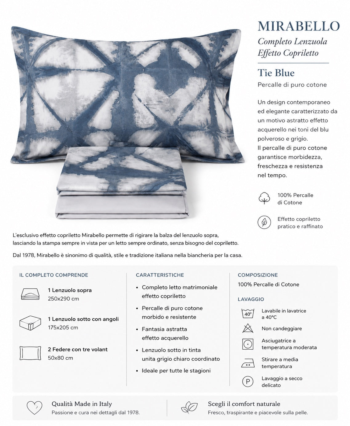 Completo Lenzuola Copriletto Matrimoniale MIRABELLO Emporium - Shibori Bluette