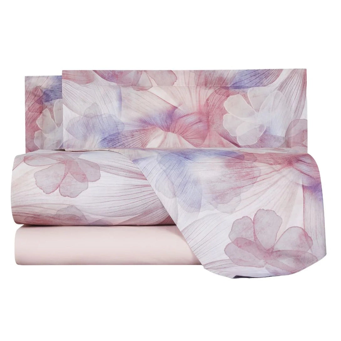 Completo Lenzuola Copriletto Matrimoniale in Percalle MIRABELLO - Vanishing Flower Rosa