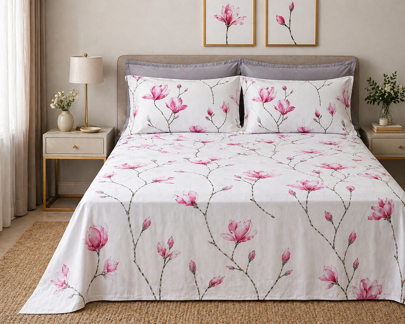 Completo Lenzuola Effetto Copriletto Emporium MIRABELLO - Soft Magnolia Rosa Fondo Bianco