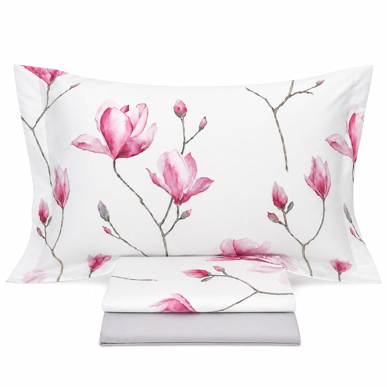 Completo Lenzuola Effetto Copriletto Emporium MIRABELLO - Soft Magnolia Rosa Fondo Bianco