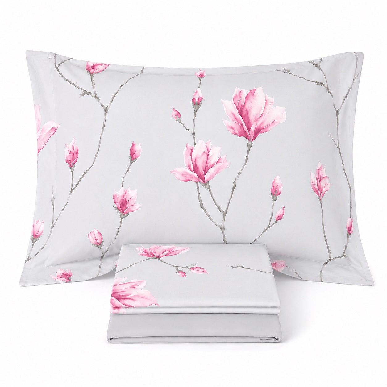 Completo Lenzuola Effetto Copriletto Matrimoniali MIRABELLO Emporium - Soft Magnolia Rosa Fondo Grigio