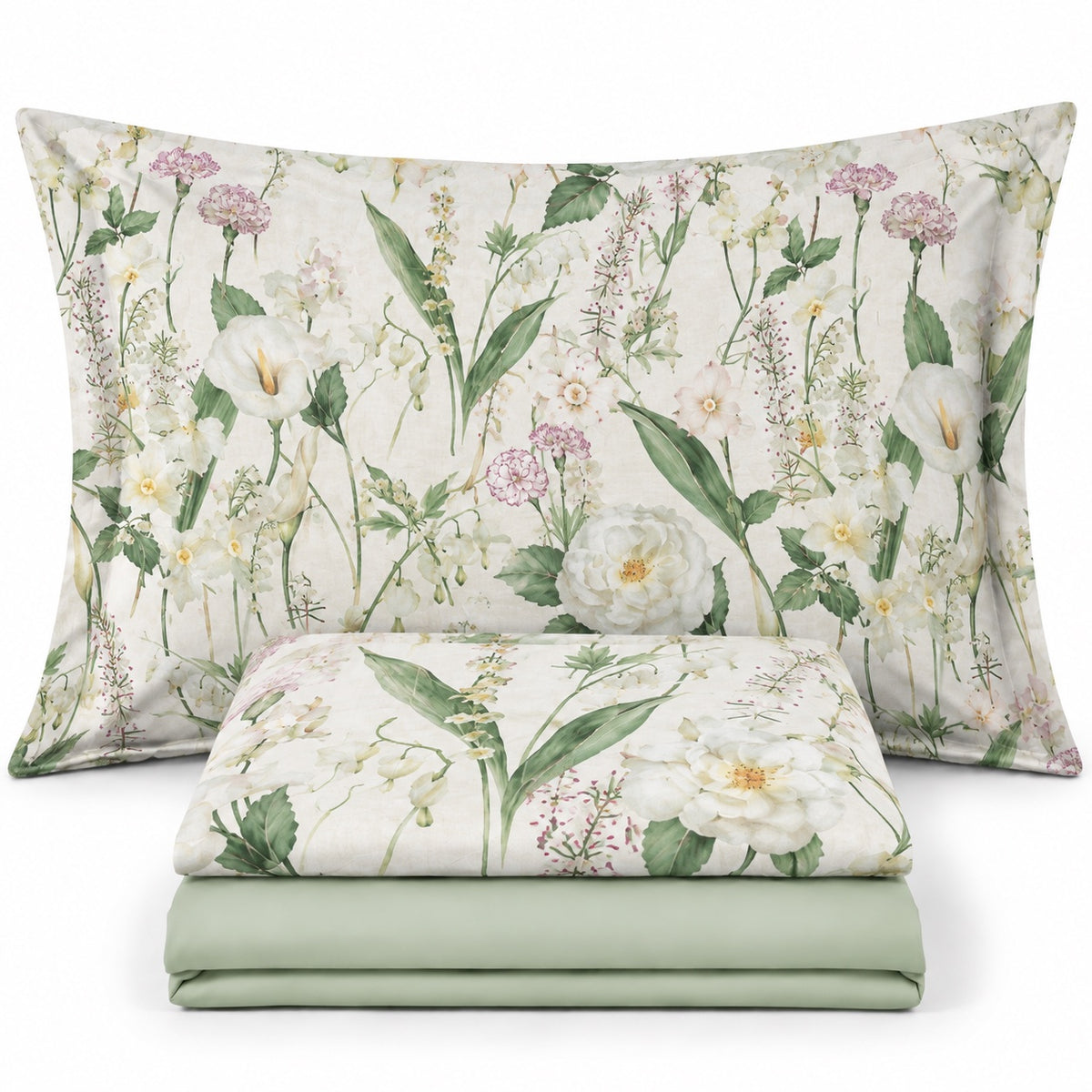 Completo Lenzuola effetto Copriletto MIRABELLO Emporium - Fiori d'Inverno Bianco