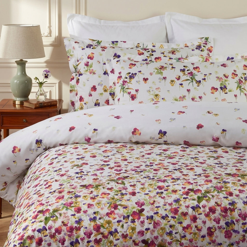 Completo Lenzuola effetto Copriletto MIRABELLO Emporium - Violette Fondo Bianco