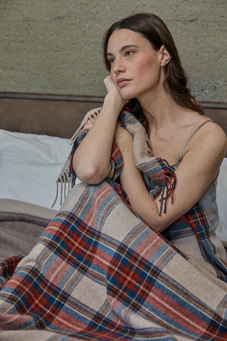Plaid in Pura Lana Vergine di Agnello con frange CECCHI E CECCHI - Lambswool Beige Mattone e Ottanio