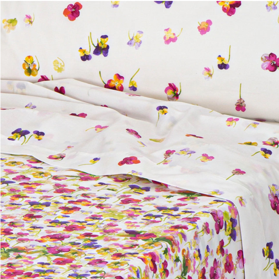 Completo Lenzuola effetto Copriletto MIRABELLO Emporium - Violette Fondo Bianco
