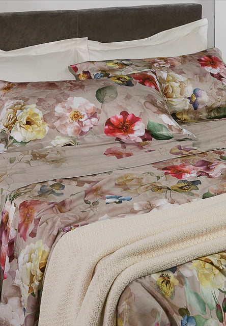 Completo Lenzuola Copriletto Matrimoniale MIRABELLO Emporium - Bloom Cascade fondo Beige