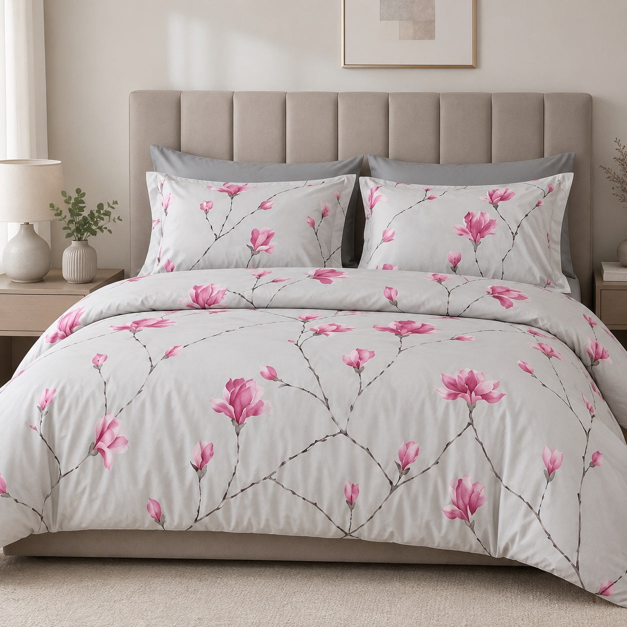 Parure Copripiumino Matrimoniale in Percalle MIRABELLO Emporium - Soft Magnolia Grigio