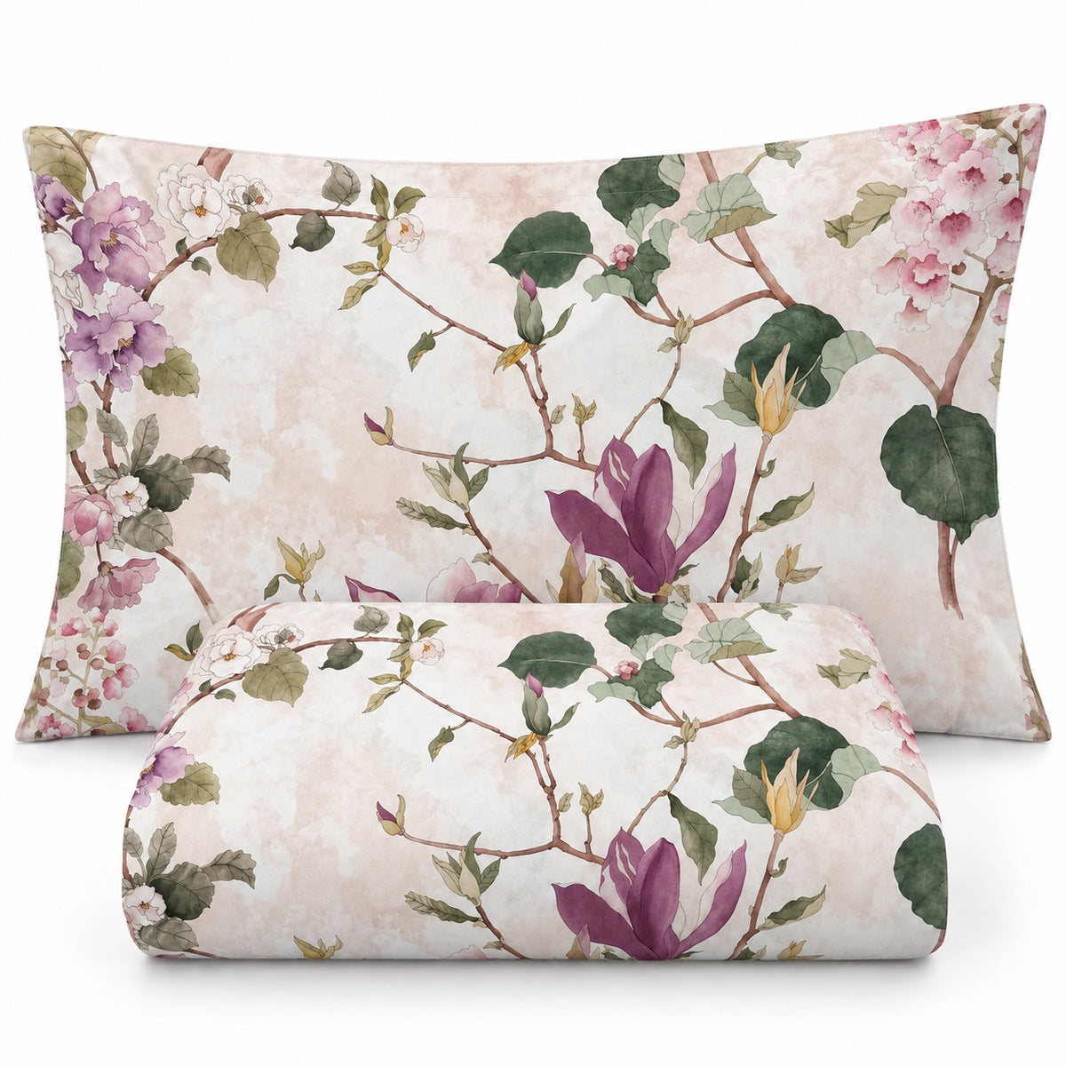 Parure Copripiumino in Percalle MIRABELLO Emporium - Ikebana Rosa fondo Beige
