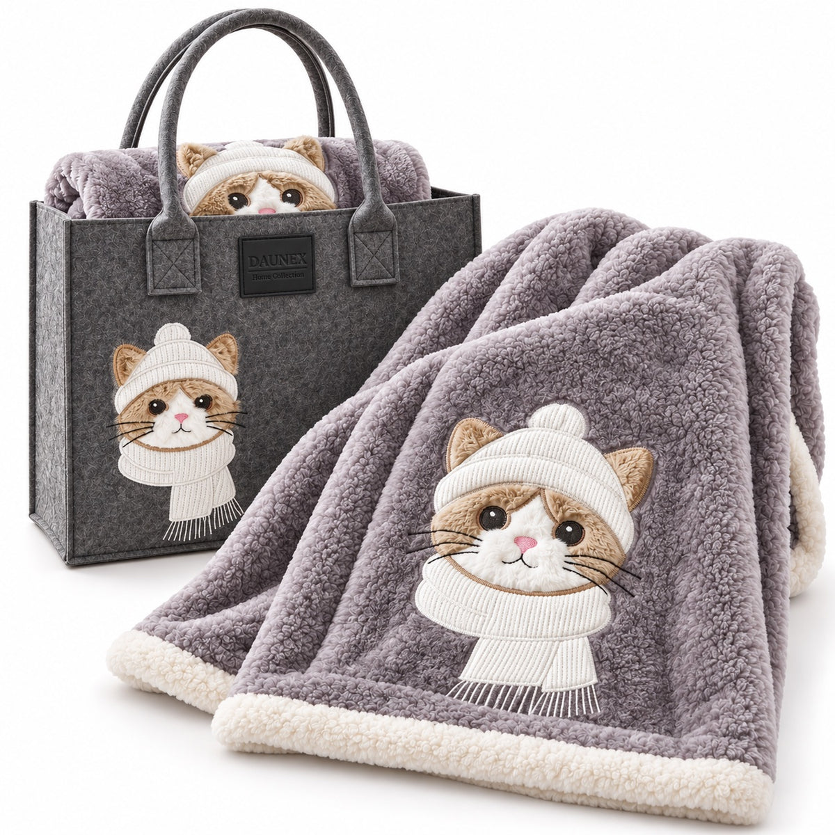 Plaid con applicazioni e borsa in Feltro - Micio Coccolone